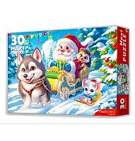 Пазл макси Рыжий Кот 30 деталей: Хаски и Дед Мороз