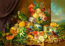 Пазл Enjoy 1000 деталей: Йозеф Шустер. Натюрморт с фруктами, цветами и попугаем