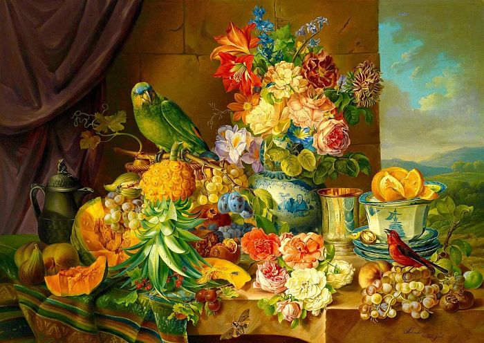 Пазл Enjoy 1000 деталей: Йозеф Шустер. Натюрморт с фруктами, цветами и попугаем