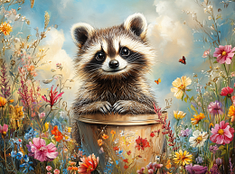 Картина интерьерная на стену, постер. Енот в цветах