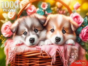 Пазл Рыжий Кот 1000 деталей: Два щенка в корзине