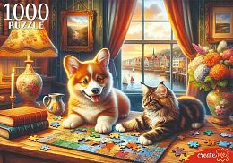 Пазл Рыжий Кот 1000 деталей: Кот и щенок за пазлами