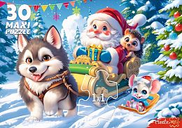 Пазл макси Рыжий Кот 30 деталей: Хаски и Дед Мороз
