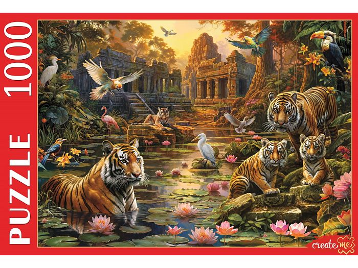 Пазл Рыжий Кот 1000 деталей: Тигры у озера на закате