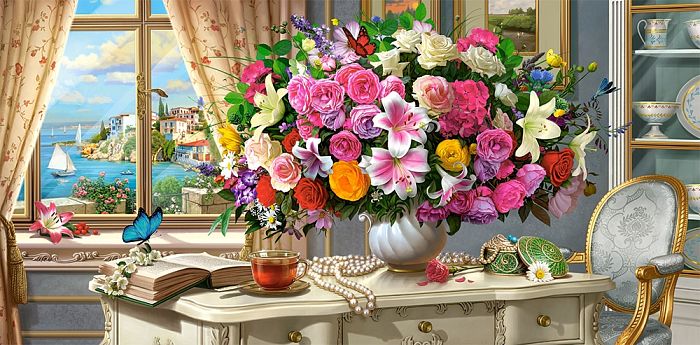 Пазл Castorland 4000 деталей: Летние цветы и чашка чая